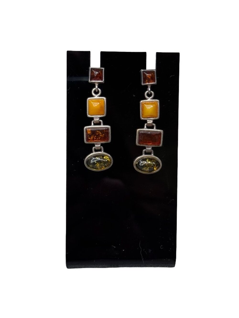 Sterling Silver Multi-Color Baltic Amber Drop Earrings Tiered Rectangle Oval 925